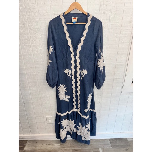 FARM Rio Dresses & Skirts - Farm Rio Maxi Dress Women Blue Embroidered Ric Rac Pineapple Size M